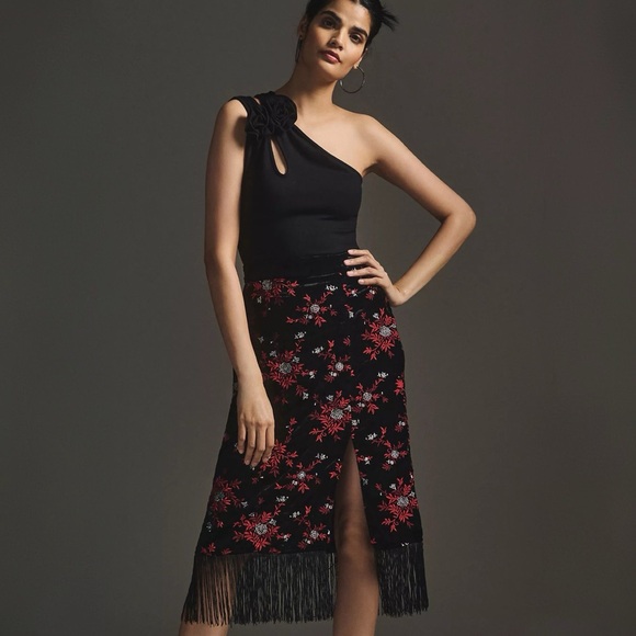 NWT Anthropologie Maeve Velvet Embroidered Fringe Skirt Black Red Silver - Picture 6 of 6